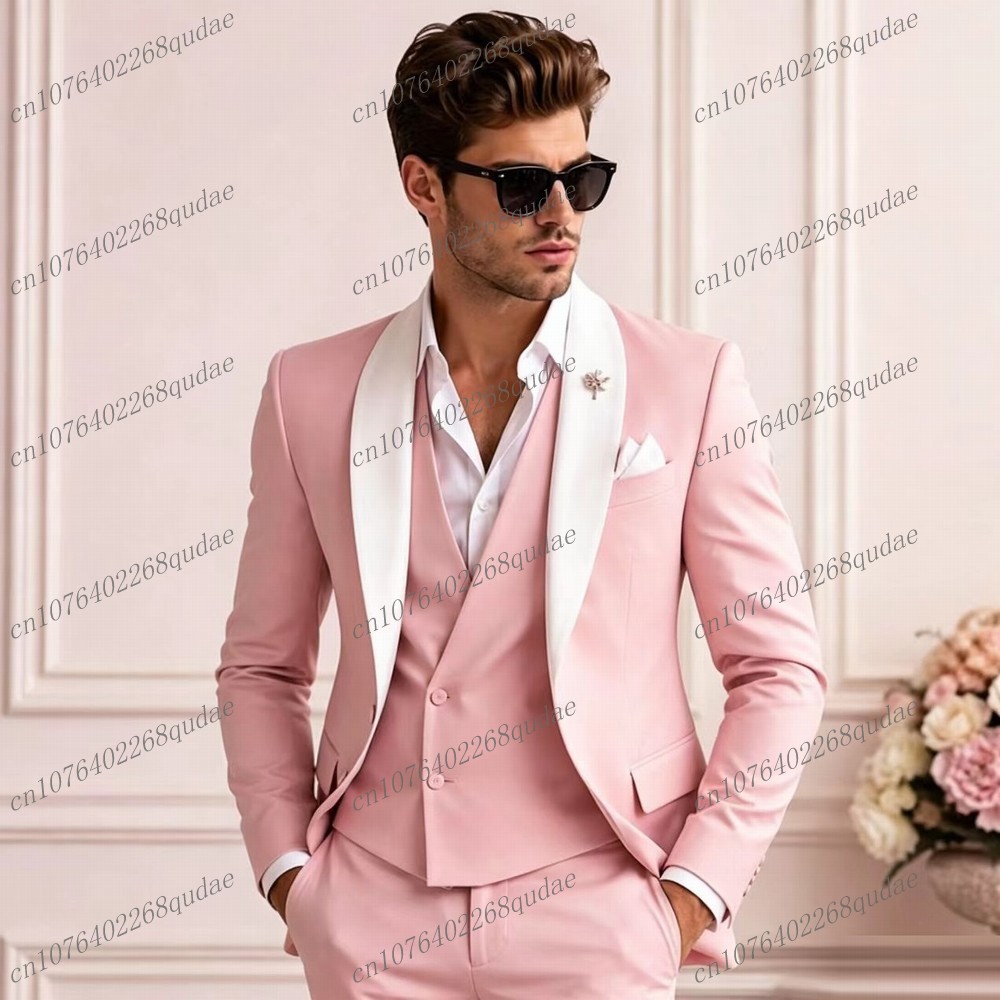 Men'S Grooming Jacket - White Collar Pink Formal Men Suit