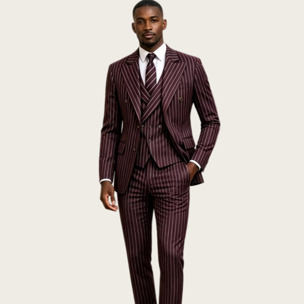 Men'S Grooming Jacket - Burgundy Pinstripe Men Suits 3 Pieces